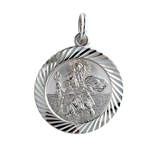 Silver diamond cut edge round St Christopher pendant