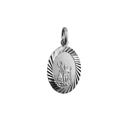 Silver St Christopher oval diamond cut edge pendant