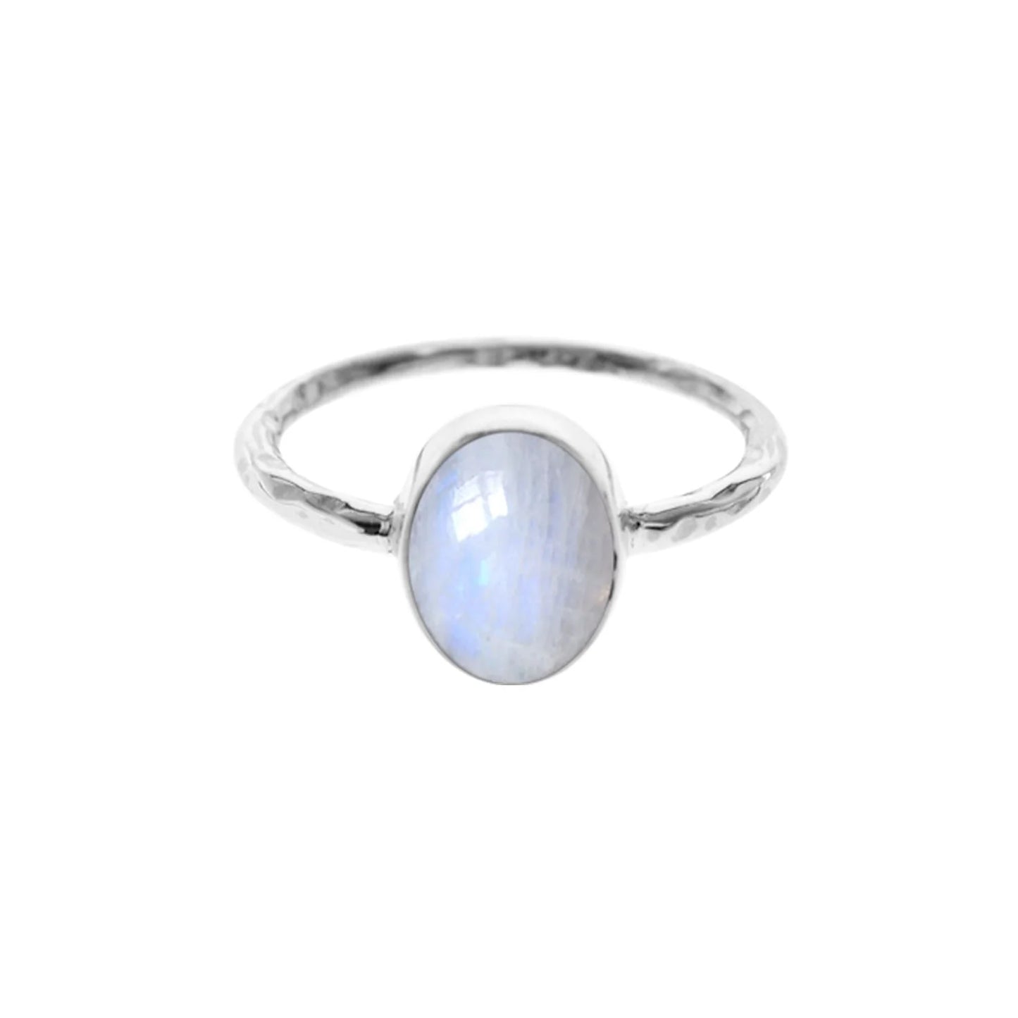 Silver and Rainbow Moonstone Hammered Band Ring.