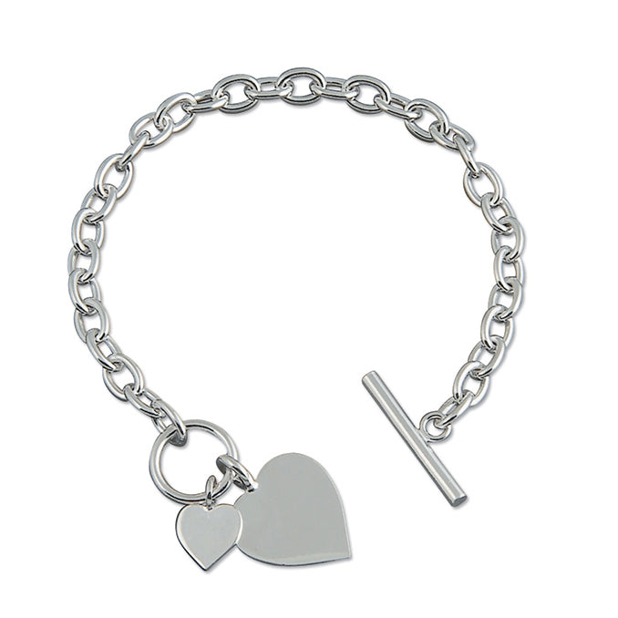 Silver double heart and T-bar bracelet