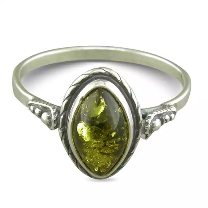 Silver and green Amber ring