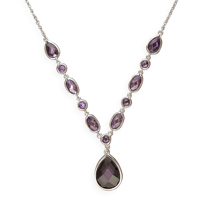 Silver and amethyst-coloured cubic zirconia with teardrop drop necklace