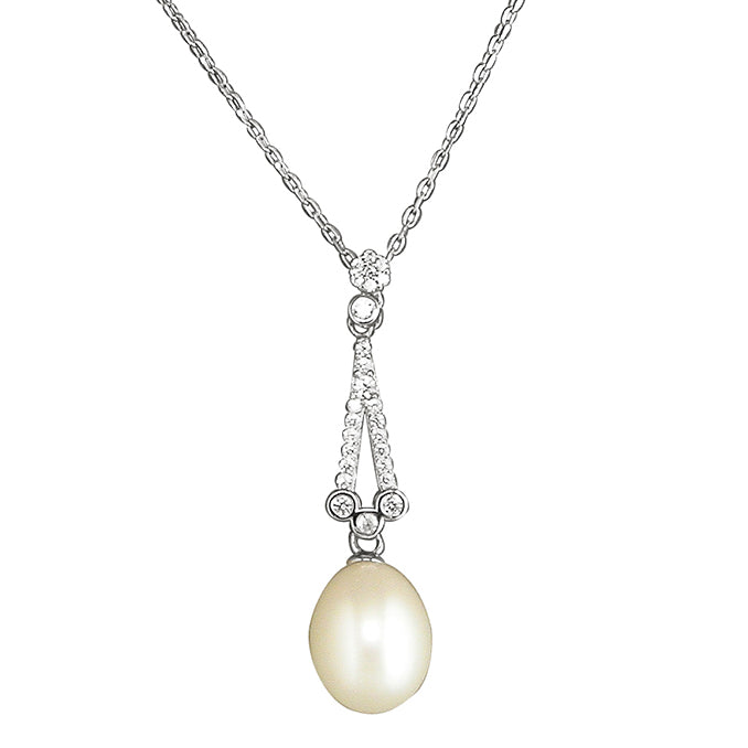 Silver and cubic zirconia with white freshwater pearl pendant and earrings set