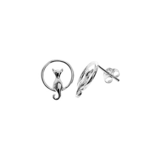 Silver Cat in Hoop Stud Earrings