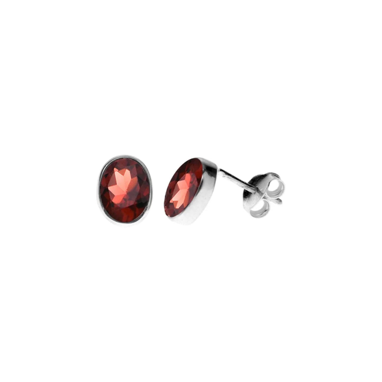 Silver and Garnet facet oval stud earring.