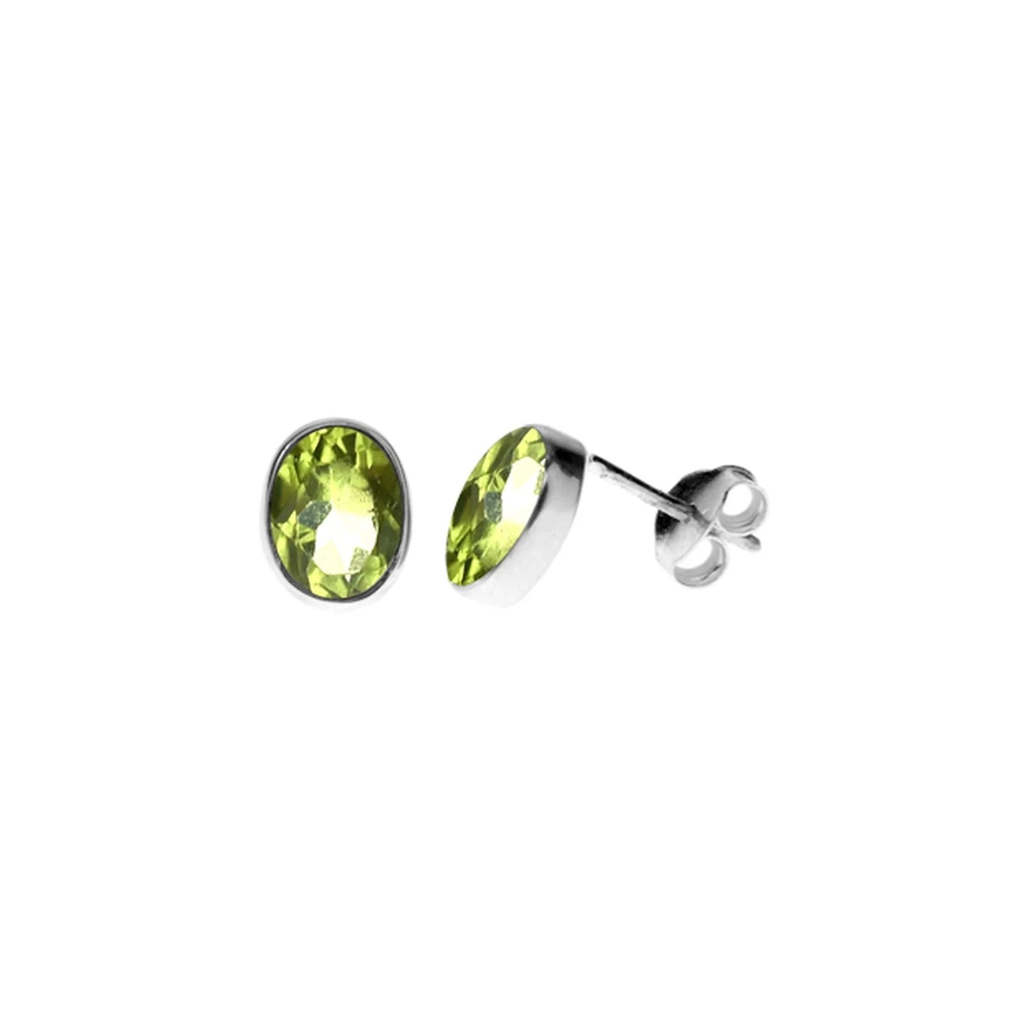 Silver and Peridot oval bezel set stud earrings.