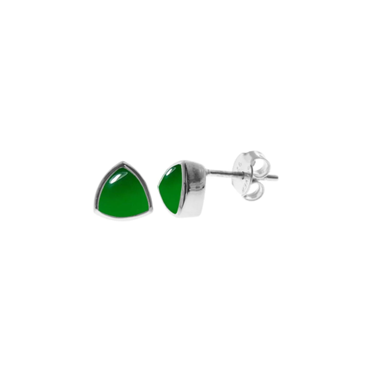 Silver and Green Agate triangular stud earrings