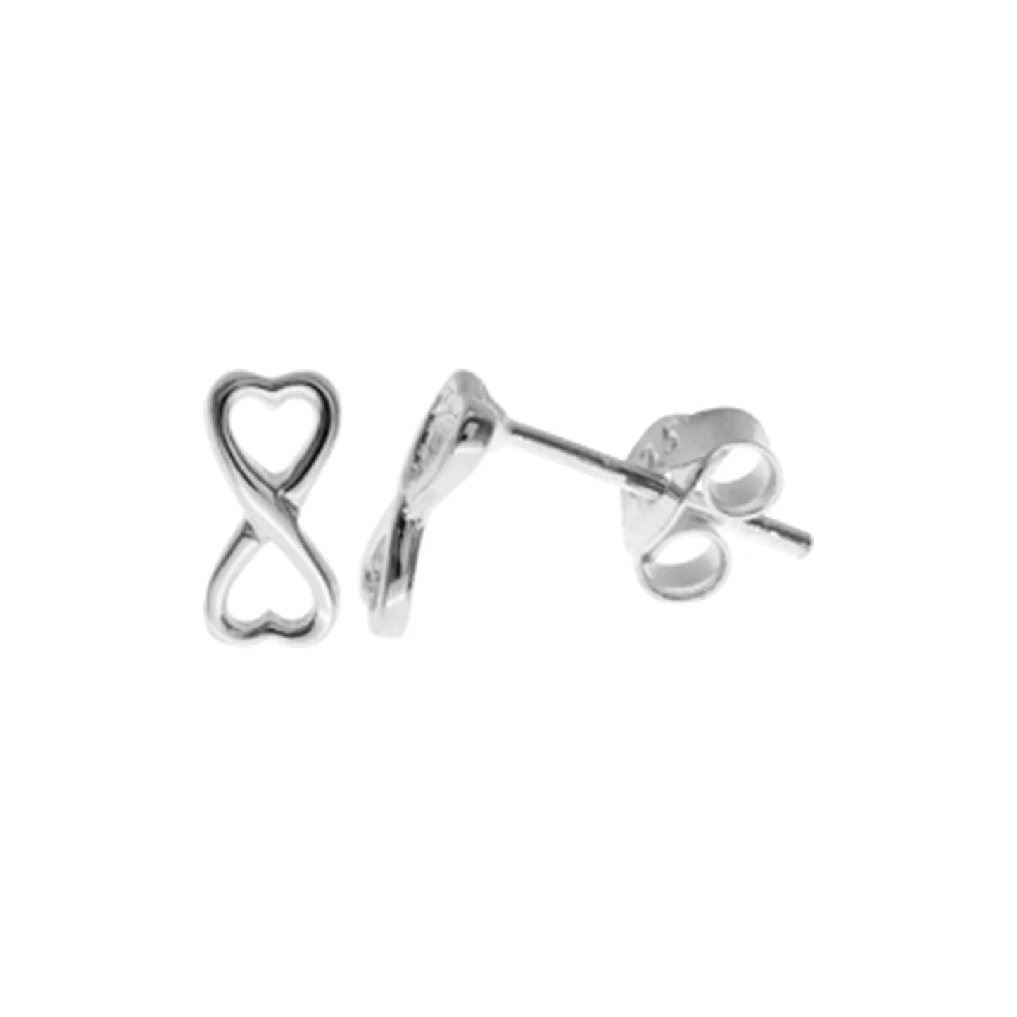 Silver Double Heart infinity stud earrings.