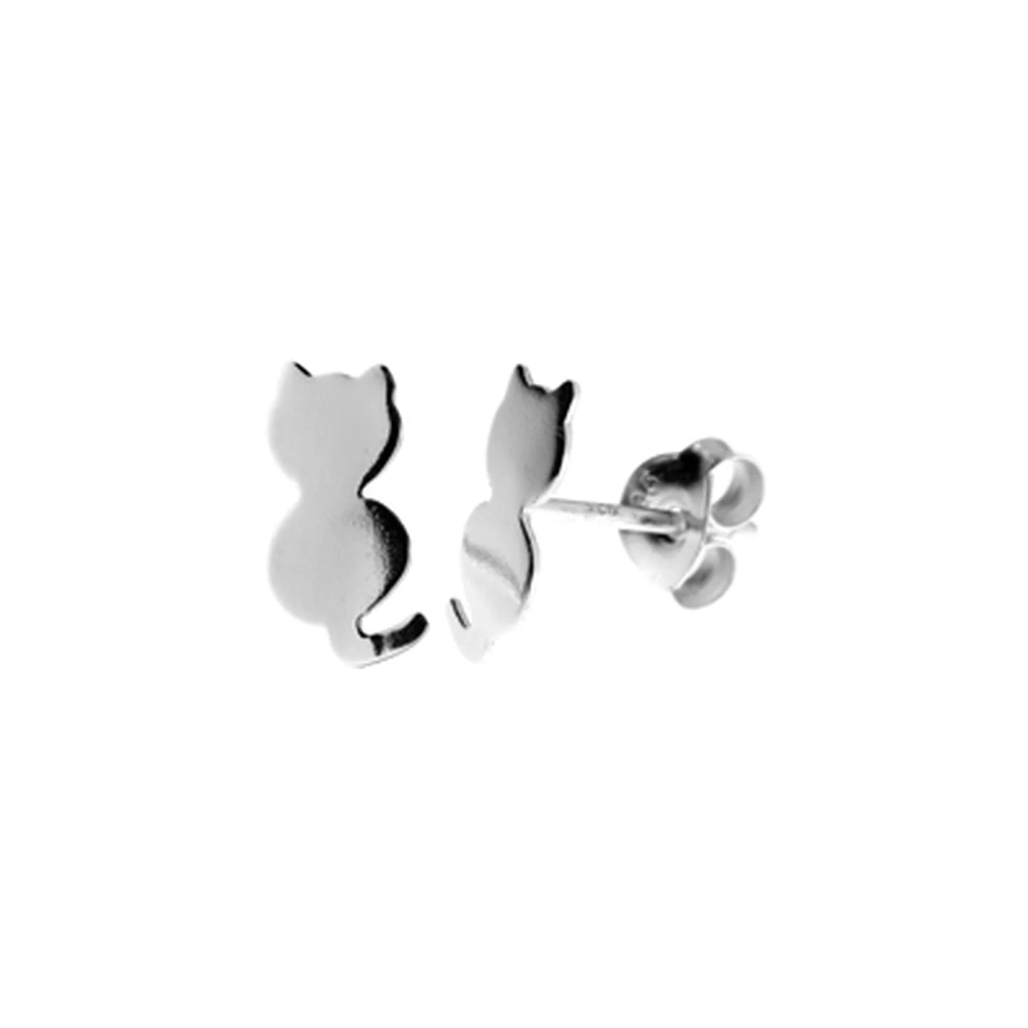 Flat silver back silhouette cat stud earrings.