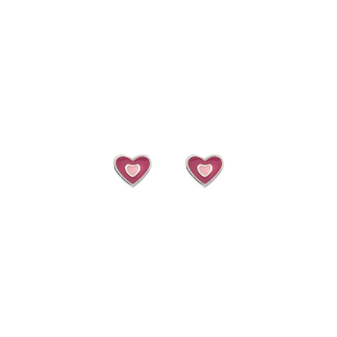 silver and pink enamel heart stud earrings