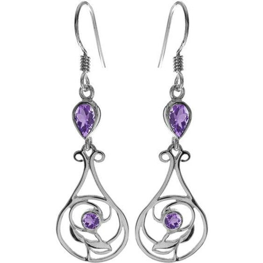 Silver and Amethyst teardrop shaped drop earrings