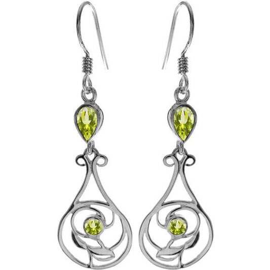 Silver and Peridot open floral Drop Earrings