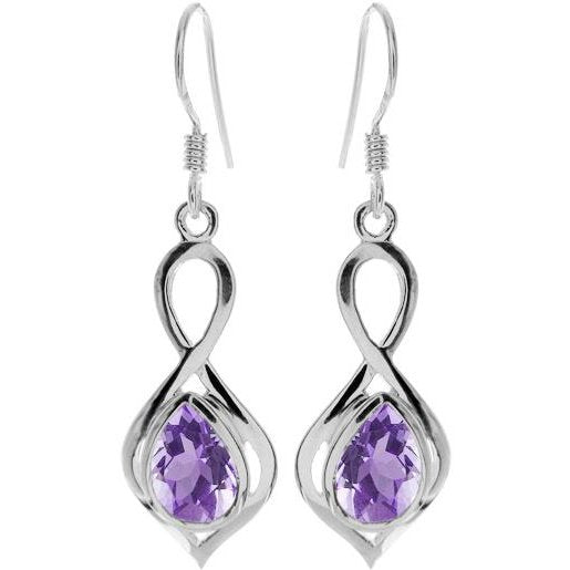 Silver and amethyst twist drop earrings