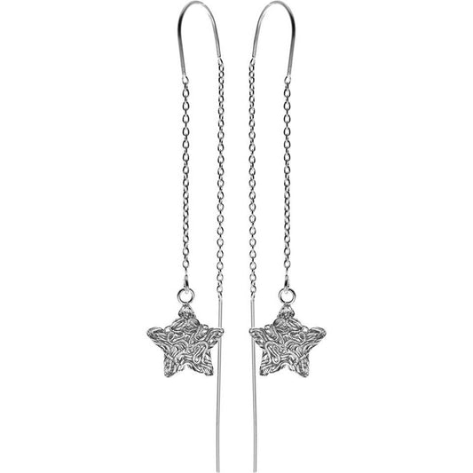 Silver pull-through earrings with hanging star design.