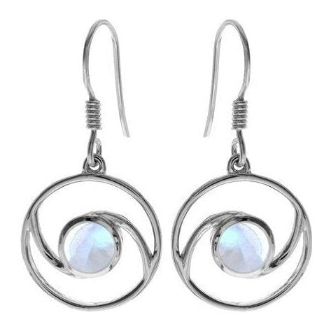 Silver and Rainbow Moonstone circular drop earrings.