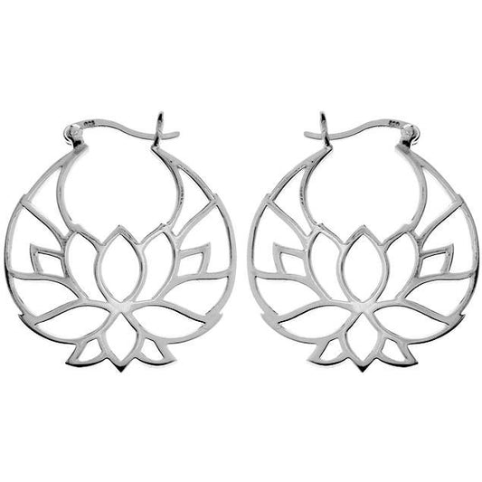 Silhouette lotus flower silver creole hoop earrings.