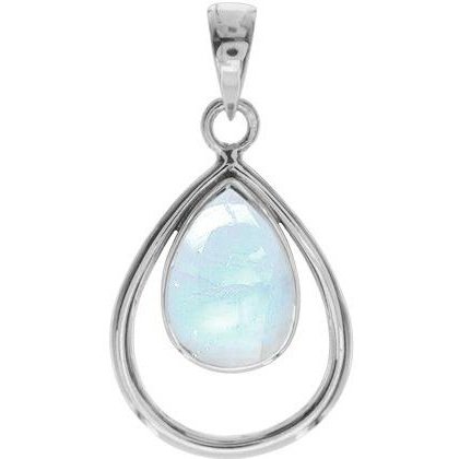 silver and rainbow moonstone open teardrop pendant