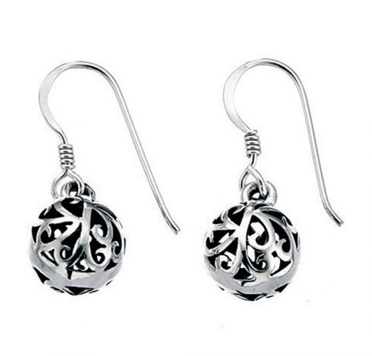 Silver open cut patterned ball drop earrings