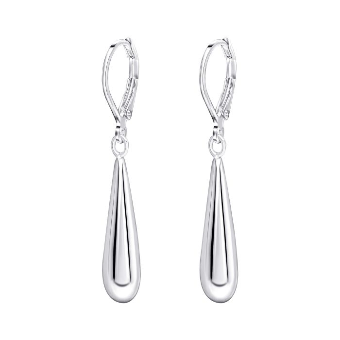 Silver Elongated Teardrop French Hook Earrings