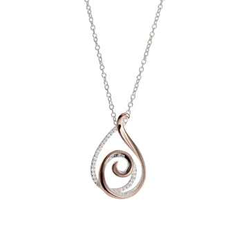 Silver, rose gold plated detail and cubic zirconia swirl pendant