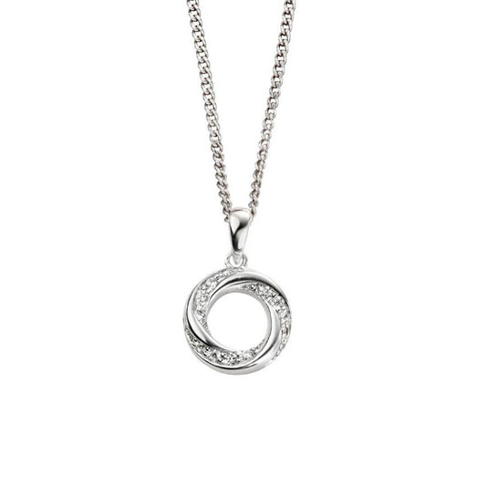 Silver and cubic zirconia twisted open cut circle pendant