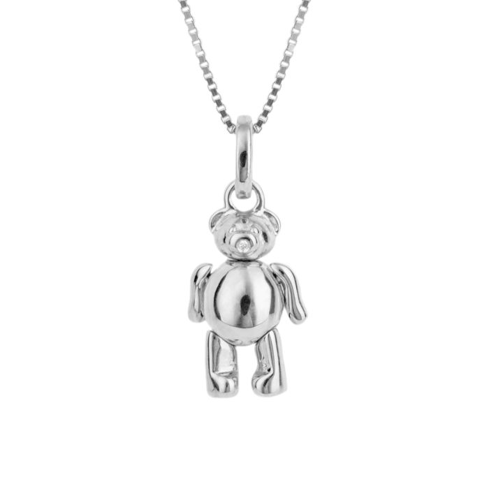 D for Diamond silver and diamond Teddy Bear pendant.