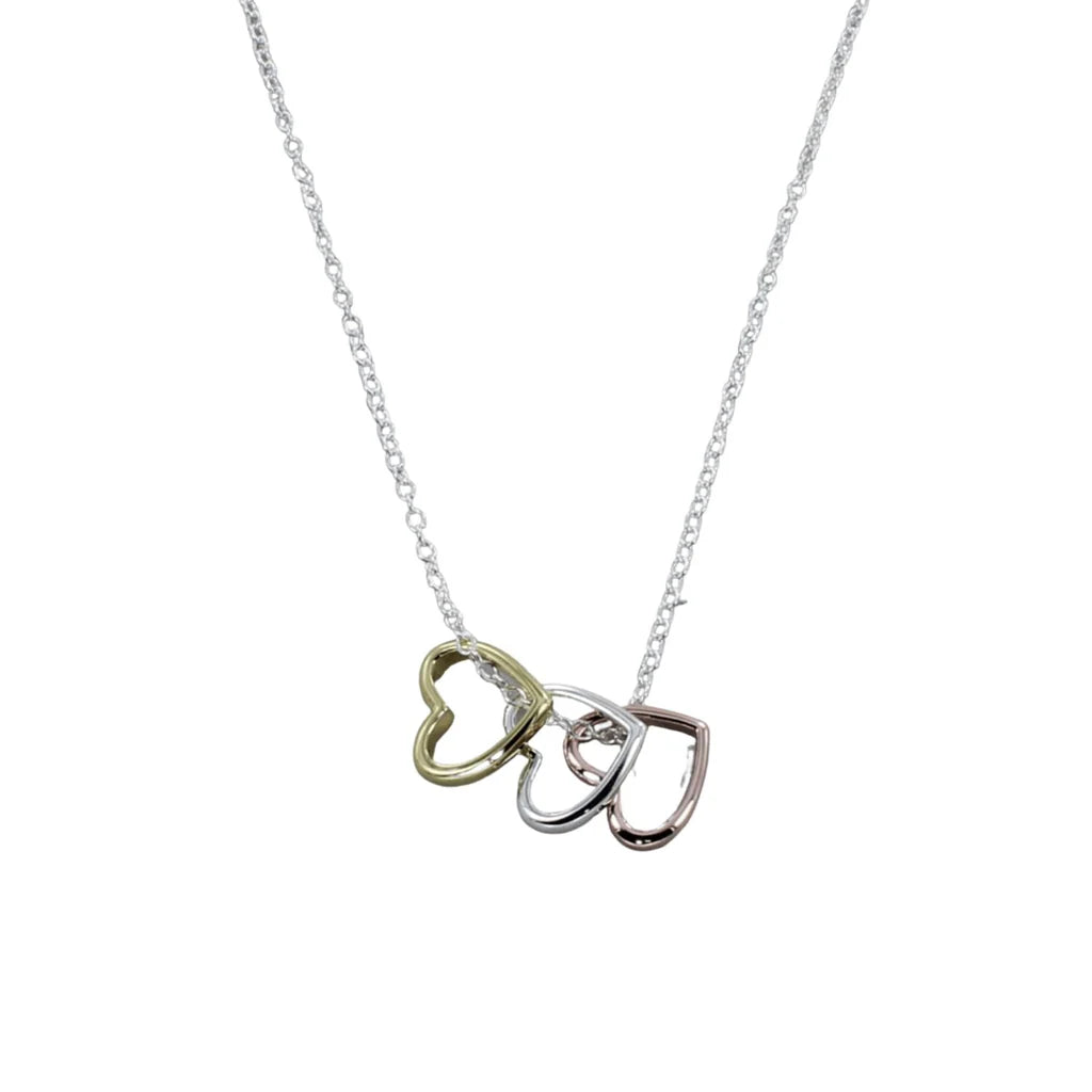 Silver and triple heart necklace with yellow and rose gold detail