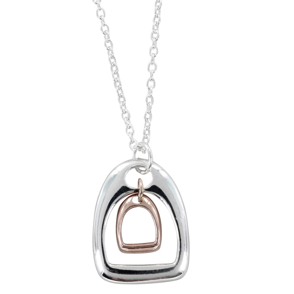 Silver stirrup pendant with rose gold detail