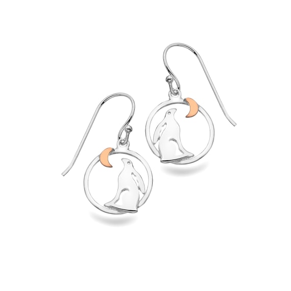 Silver and rose gold detail hare and moon drop earrings