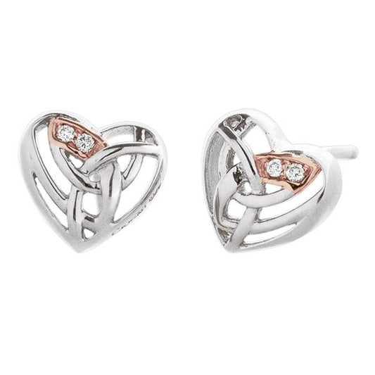 Clogau real silver, rose gold & diamond, openwork heart shape stud earrings