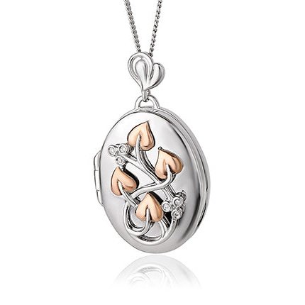 Clogau Silver & Rose Gold & Diamond oval locket on a chain.