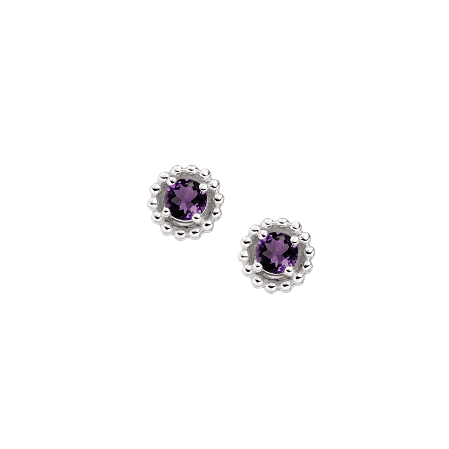 Silver and Amethyst beaded round stud earrings