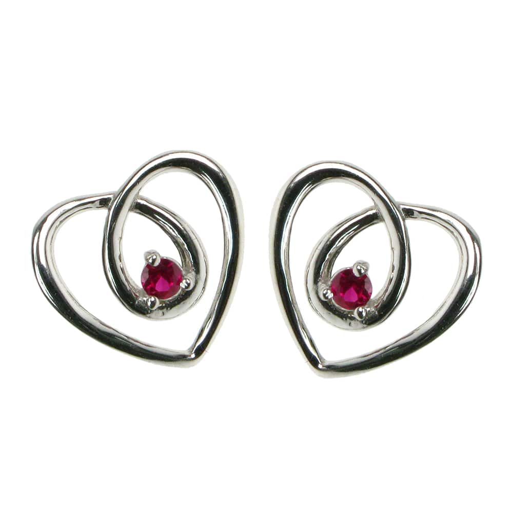 Silver and created Ruby spiral heart studs