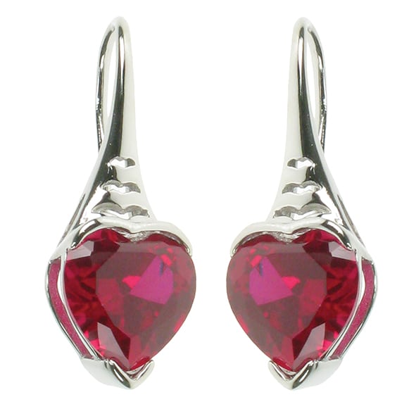 silver and Created Ruby heart drop earrings