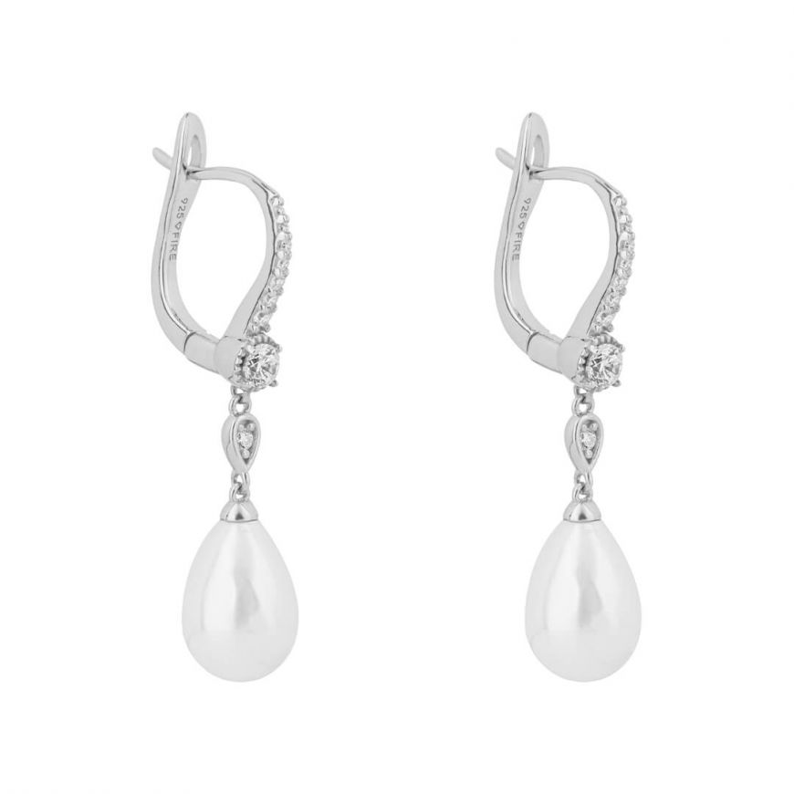 Diamonfire Silver, Shell Pearl And Cubic Zirconia Lever Hook Earrings