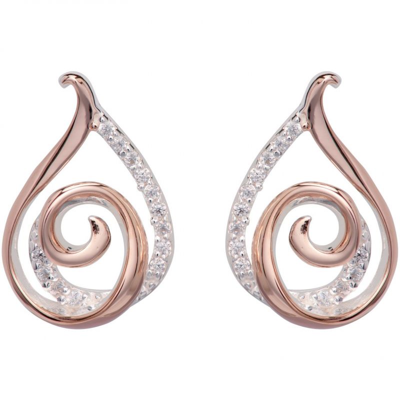 Silver, Rose Gold detail and Cubic Zirconia teardrop swirl stud earrings