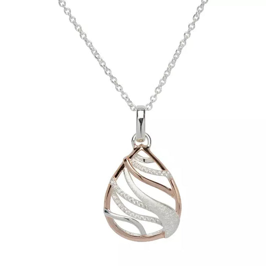 Silver, rose gold detail and cubic zirconia teardrop pendant