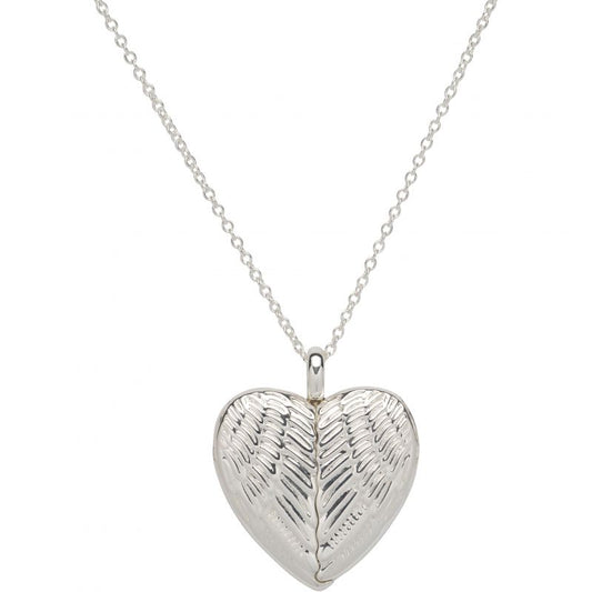 Silver heart locket with feather pattern detail