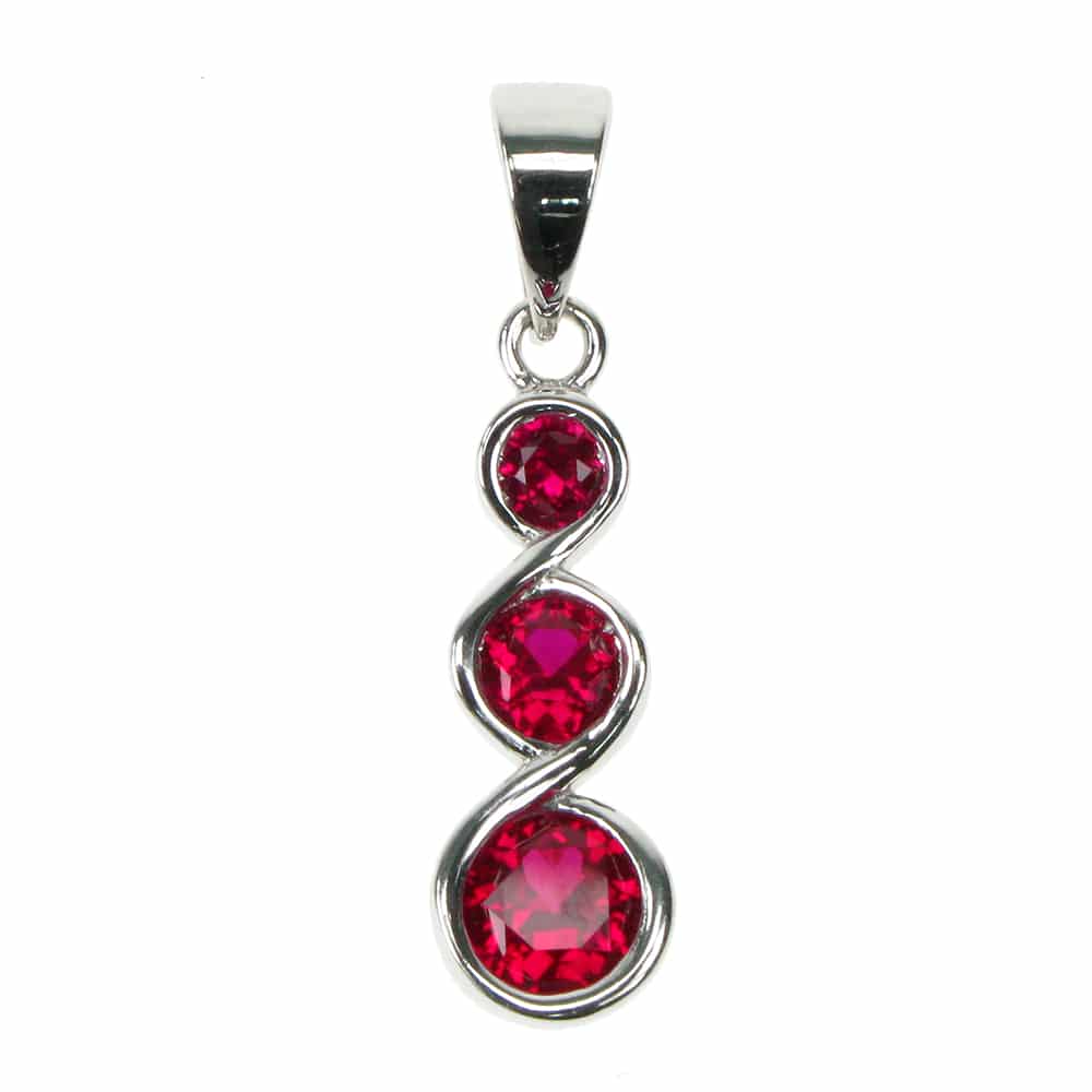 silver and Created Ruby three round facet pendant