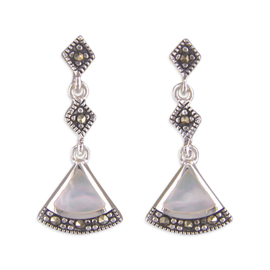 Silver Marcasite and Mother of Pearl Drop Earrings