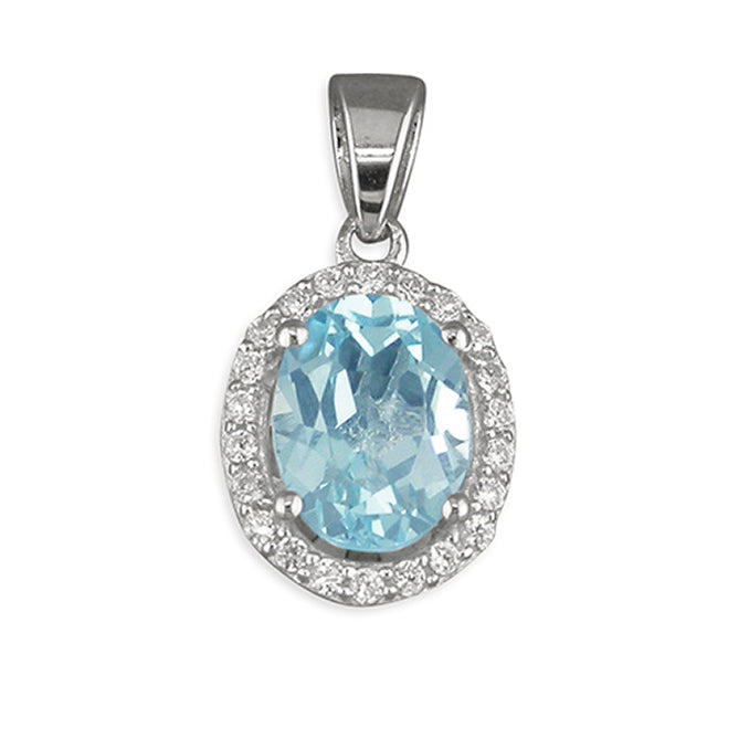 Silver, Blue Topaz And Cubic Zirconia oval pendant