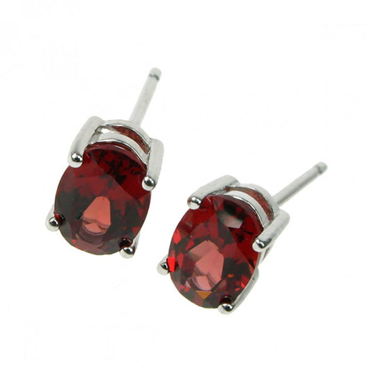 Silver And Garnet Oval Stud Earrings