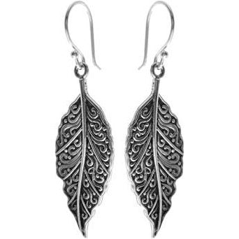 Silver Ornate Leaf Design Drop Earrings