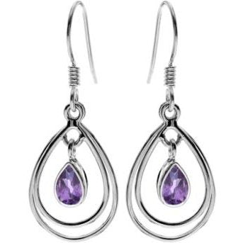 Silver Double Teardrop and Amethyst Drop Earrings