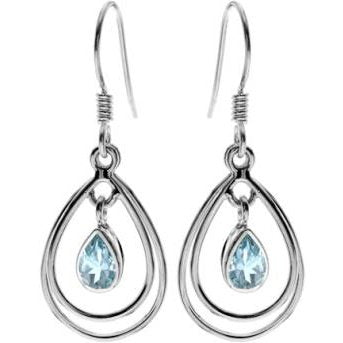 Silver Double Teardrop and Blue Topaz Drop Earrings