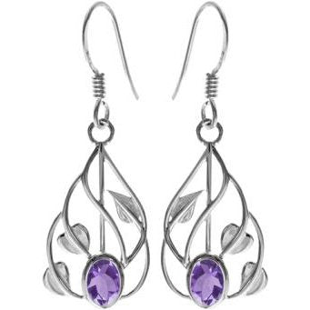 Silver and Amethyst leaf design Drop Earrings