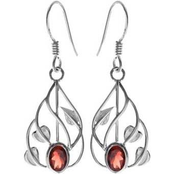 Silver Teardrop Garnet Drop Earrings with Vine Surround