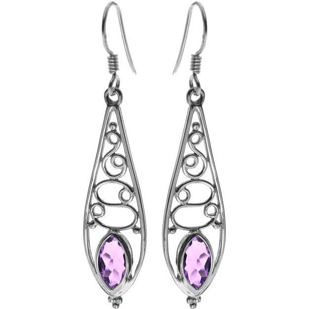 Silver and amethyst long patterned teardrop drop earrings.