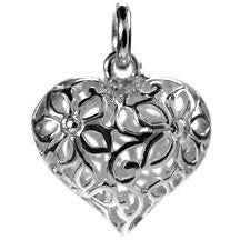 Silver flower design filigree puffed heart pendant