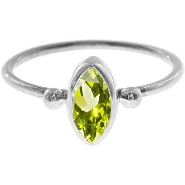 Silver and Peridot faceted marquise ring with bead detail.